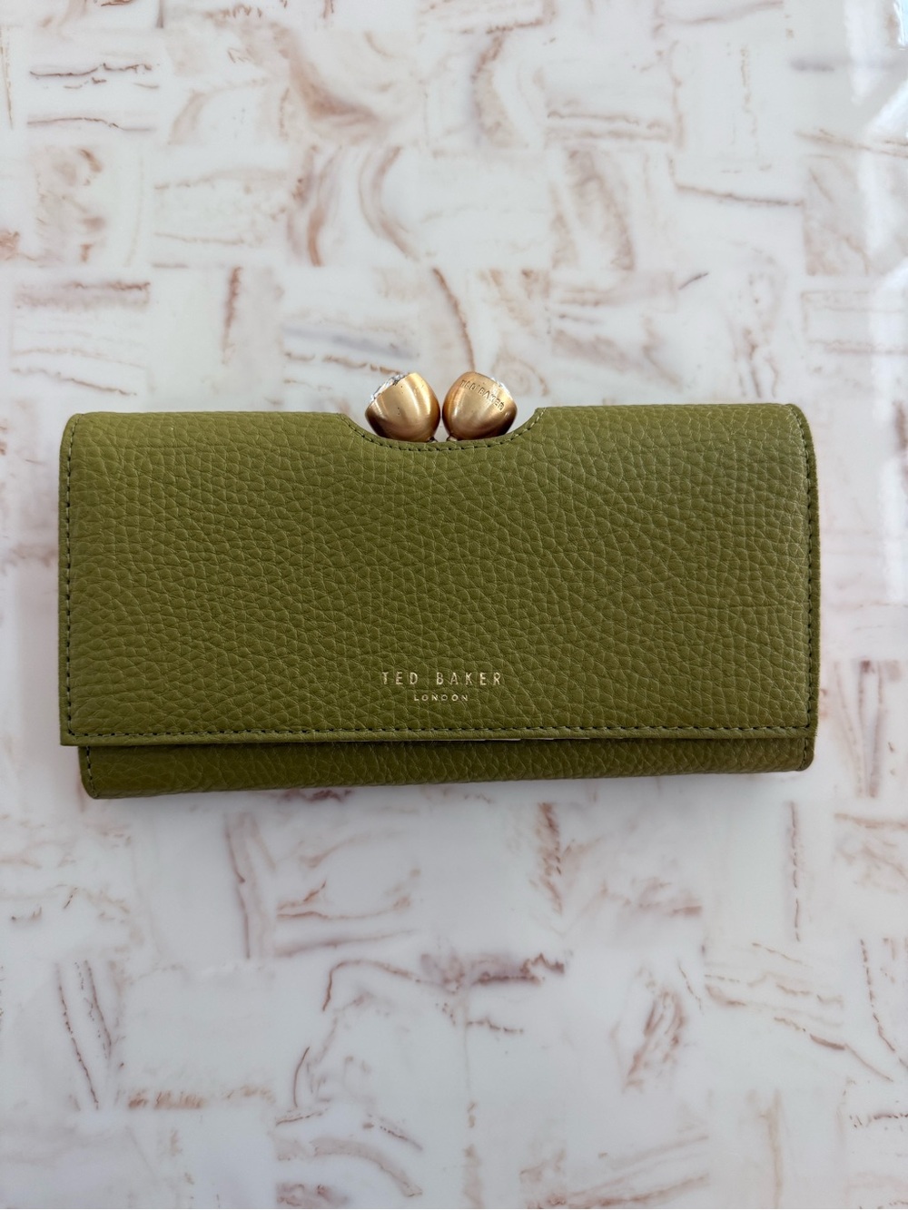 Ted Baker Olive Green Pebbled Leather Wallet with Gold Clasp